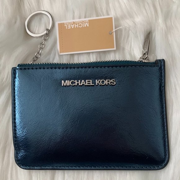 MICHAEL KORS Crinkle Patent Leather Coin, Card, Key Wallet in Teal - Picture 1 of 2